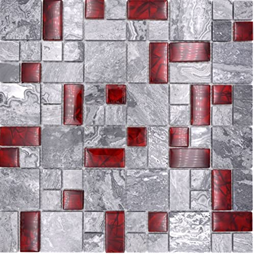 Mosaïque de verre en pierre naturelle grise avec mur rouge brillant sol cuisine salle de bain douche – 1 tapis, Carreaux Mosaique, Mosaïque Carrelage