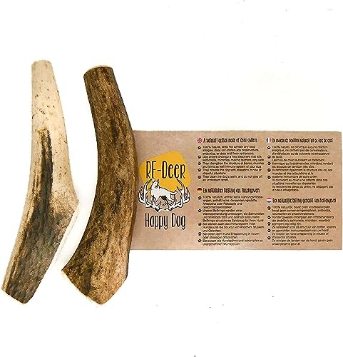 RF-DEER Set di corna di cervo naturali da masticare per cani Osso giocattolo e bocconcino Cervo Snack naturale, sicuro e salutare per il vostro cane Duro 2 pezzi S 31-50 g 8-10 cm