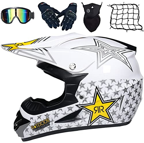 Casque Moto Cross Homme Set, Casque Motocross Intégral, Casque Moto Enfant avec Gants Lunettes Masques Filet de Casque, Casque Downhill pour BMX MTB Dirt Bike Quad Enduro ATV - ECE Homologué,White-S
