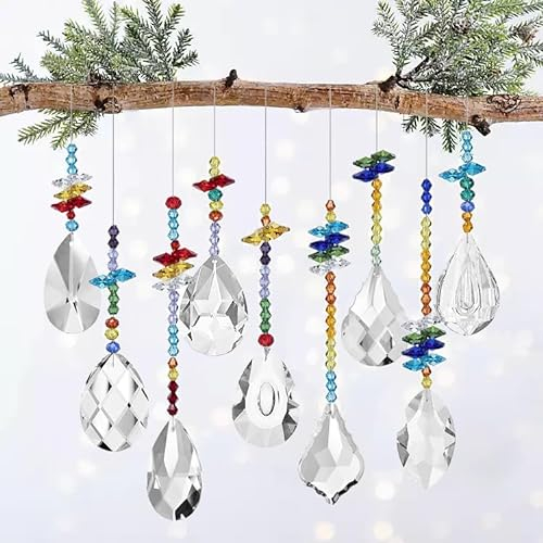 YIEUR 9 Stück Sonnenfänger Anhänger Kristall Suncatcher mit 45 Stück Girlande Perlen, 38mm Tropfen Kristallglas Kronleuchter Lichtfänger Kristalle Anhänger Prismen für Fenster Haus Garten Windspiel