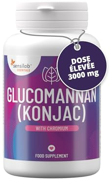 Glucomannan (Konjac) Kapseln 3000 mg Hochdosiert mit Chrom – Appetit – Vegan, ohne Zusatzstoffe, ohne Allergene, ohne GVO, 180 Kapseln – Sensilab Essentials