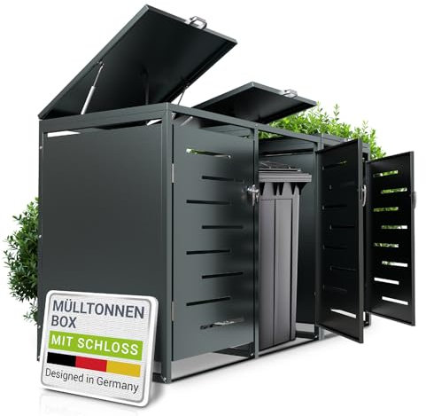 Juskys Mülltonnenbox Arel 3er - Metall Gartenbox für 120 BZW. 240 Liter Mülltonnen - Aufbewahrungsbox abschließbar - Unterstand mit Dach & Gasdruckfeder - Anthrazit