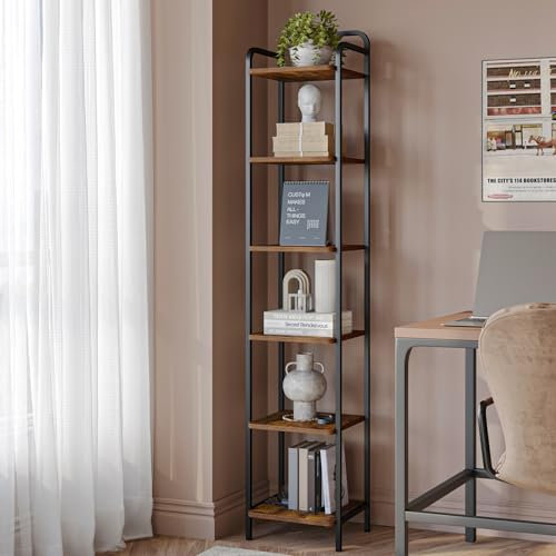 Hzuaneri Bücherregal, Regal, Standregal, Schmales Bücherregal, Industrielles Eckregal, Schlankes Regal für Heimbüro, Wohnzimmer, Schlafzimmer, Küche, 6 Ebenen Vintagebraun-Schwarz BC24601B