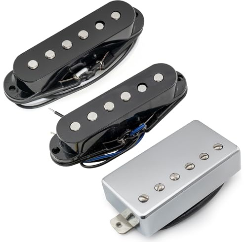Musiclily Pro ST-60SE Alnico 5 Staggered Single Coil Pickups and Covered Humbucker ST-HSS Neck Middle Bridge Pickups Set for Strat Style Electric Guitar, Black