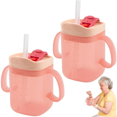 HOVCEH 2 PCS Elderly Spill Proof Cups, 280 ml Unspillable Cup with 2 Handles, Elderly Drinking Cup, Feeding Cup Drinking Cup with Lid and Straw, Adult Sippy Cups for The Elderly Non Spill