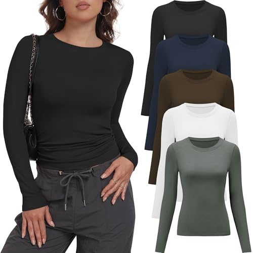 miijoory 5 Pack Womens Long Sleeve T Shirts Crew Neck Basic Skim Fitted Y2K Tops Crop Top Casual Going Out Fashion Stretchy Clothes(S, Black, White, Navy, Coffee, Olive Green)