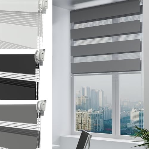 UISEBRT Doppia tenda a rullo, fissaggio senza fori, grigio, larghezza 60 x altezza 220 cm, tenda doppia per finestre senza forature, protezione solare per ufficio, soggiorno, cucina, bagno