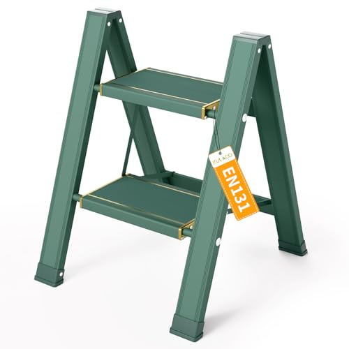 KULACO Scala pieghevole a 2 gradini, capacità 150 kg con ampi pedali antiscivolo, scala in alluminio pieghevole, scala multifunzione per casa, dispensa, interni ed esterni, verde