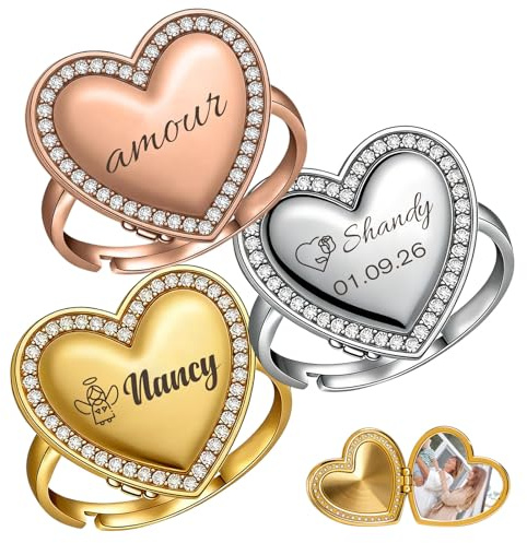 Bague médaillon personnalisable pour femme – Bague photo sur mesure avec image à l’intérieur, bijou réglable en forme de cœur pour maman, épouse, meilleure amie (Bague photo personnalisée)