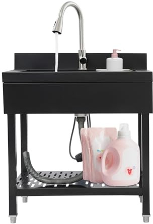 Lavello autoportante in acciaio inox, 1 vasca, lavello da cucina con rubinetto estraibile e cestello scolapiatti, per esterni, campeggio, 70 x 50 x 90 cm, nero