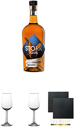 Storck Club Straight Rye Whisky Deutschland 0,70 Liter + Nosing Gläser Kelchglas Bugatti mit Eichstrich 2cl und 4cl 2 Stück + Schiefer Glasuntersetzer eckig ca. 9,5 cm Ø 2 Stück