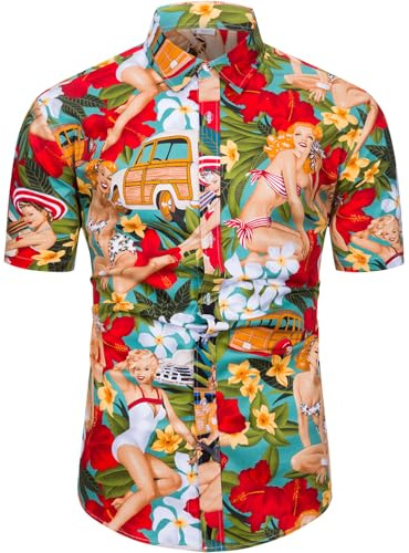 fohemr Funky Hawaiian Shirts for Men Short Sleeve Tropical Button Down Summer Beach Shirts Hula Girls Blue XX-Large