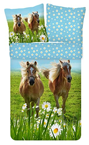 ESPiCO Bettwäsche Trendy Bedding Pferd Koppel Galoppieren Blumen Geblümt Bunt Renforcé, Größe:135 cm x 200 cm