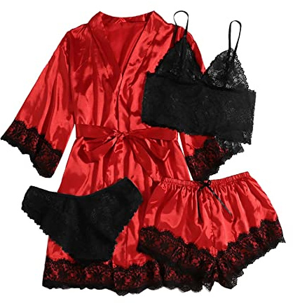 Pyjama court en satin pour femme - Kimono - Robe de bain sexy - Robe de chambre courte - Robe de chambre pour femme - Sexy - Peignoir court en satin - Robe avec fleur, 0B-rouge, S
