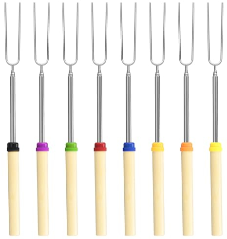 8 Pack Marshmallow Roasting Sticks Set, Extendable 32in Long Metal Barbecue Skewers with Wooden Handle, for Marshmallow, Hot Dogs, Camping, BBQ, Grill