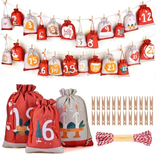 SXUUXB 24 pezzi calendario dell'Avvento da riempire, 3 pezzi, sacchetti fai da te, sacchetti di iuta, calendario natalizio con numeri, mollette in legno e cordoncino, per regali di Natale