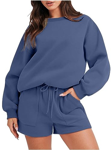 HAOLEI Tracksuit Womens Full Set Shorts Sale 2 Piece Outfits Set Plain Pullover Sweatshirts and Shorts Joggers Loose Fit Activewear Sweat Pants Casual Sports Sweatsuit Lounge Wear Sets UK Clearance