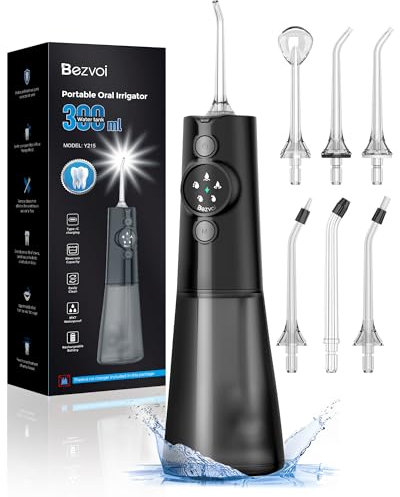 Munddusche Kabellos Water Flosser Zahnreinigung : LED-Anzeige 5 Modi Zahndusche mit 300ML Wassertank & 6 Düsen, IPX7 Wasserdichte Oral Irrigator Munddusche Testsieger(Schwarz)