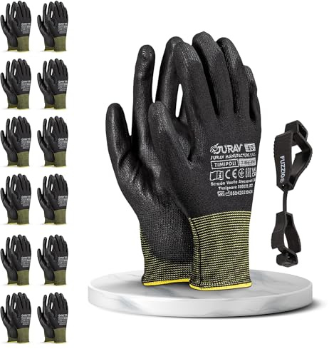 FUZZIO Jurav Lot de 12 paires de pinces à gants de travail en polyuréthane (L-9, noir)