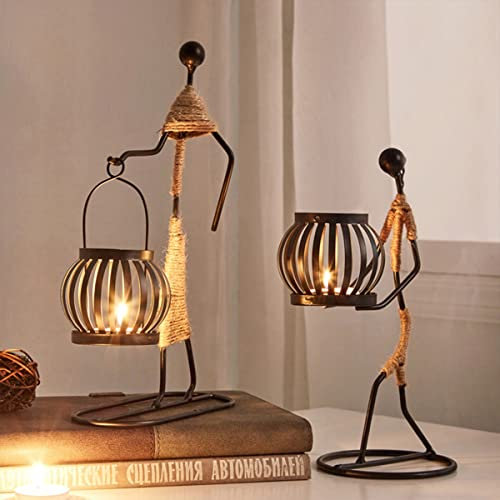 2 Pcs Metal Candle Holders for Tables Retro Black Iron Tea Light Candle Holders Stands Vintage Candlestick Holders with Hemp Rope Ornaments for Fireplace Living Room Dinning Table Wedding Christmas