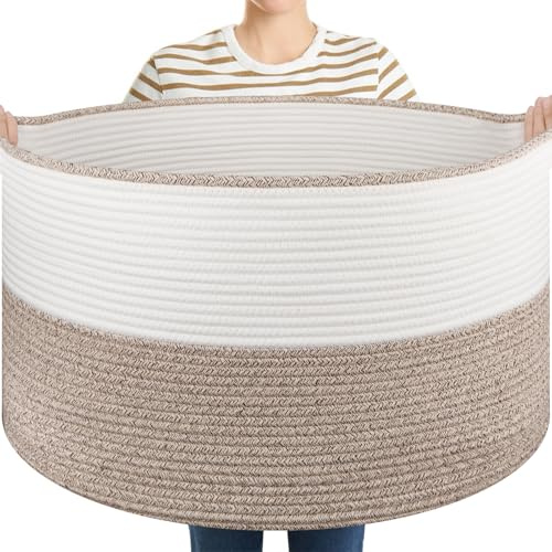 OIASKET Large Blanket Basket with Handles, 22.8 x 22.8 x 13 Woven Storage Basket for Living Room, Cotton Rope Baby Toy Storage for Clothes, Pillows, Towels-Brown & White