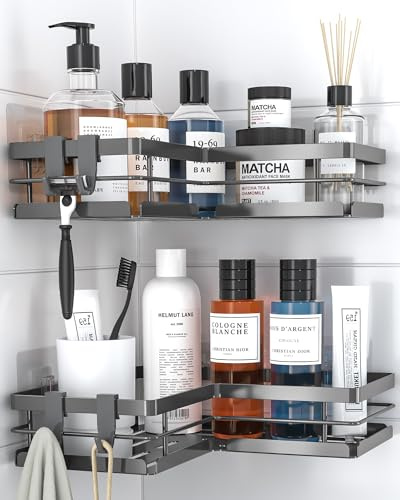 Kitsure Duschablage ohne Bohren – 2er-Set stabiles Duschregal ohne Bohren mit Schnellablauf, rostfreiem Finish und starker Klebebefestigung für Badezimmer, 22,0 x 22,0 x 5,0 cm, Dunkelgrau