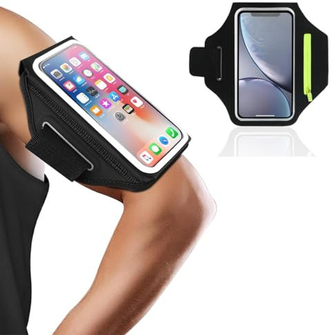 Brazalete deportivo con bolsa para auriculares, brazalete movil running, porta movil running, para correr y fitness, Negro, Nailon, hasta 6,8 pulgadas