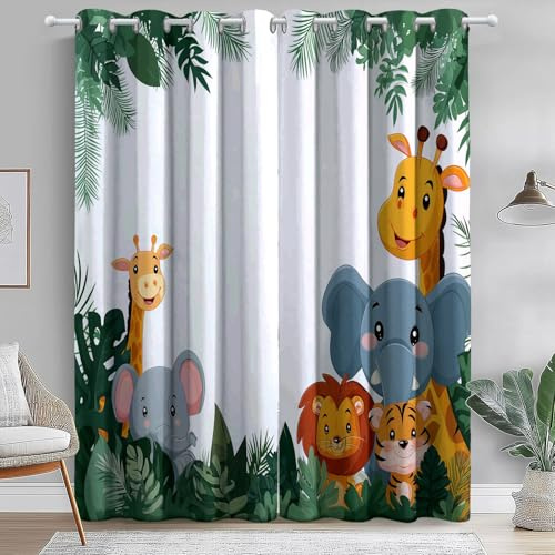 Tende Camera da Letto con Occhielli 140 L x 260 A cm (2 Pannelli), Carino Cartone Animato Animali Giungla Tema Poliestere Tende Oscuranti & Scorrevoli per Salotto Camera dei Bambini Decorare, Verde