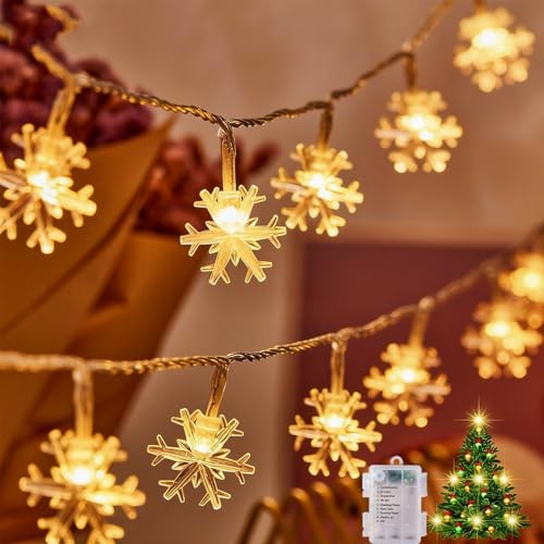 POIFL Guirlande Lumineuse à Piles, 6M 40LED Guirlande Lumineuse Flocon de Neige, Guirlande Lumineuses de Noël Avec 8 Modes, Guirlande et Intérieure étanche pour Chambres, Fêtes,Jardins, Noël, Arbres