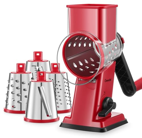 Geedel Cheese Grater, Vegetable Slicer with 4 Interchangeable Blades, Graters for Kitchen, Faster Cutting, Non-Slip Base, Rotary Drum Grater Ideal for Cheese, Cucumber, Carrot, Nuts, etc. Red