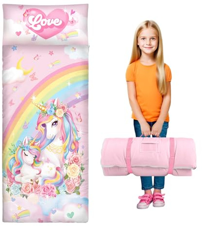 Schlafsack Kinder mit Kissen Abnehmbar,Warm Kinderschlafsack Doppelter Reißverschluss für Mädchen Jungen, Faltbare Deckenschlafsack für Indoor Outdoor Camping,150×60cm, Einhorn