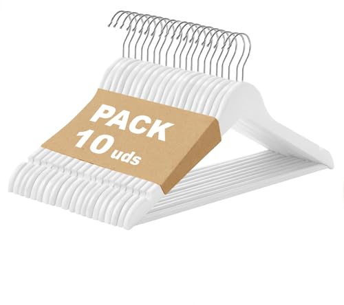 MERCURY TEXTIL - Perchas Ropa de Madera Natural, Gancho Giratorio 360°, Barra Antideslizante para Pantalones, Ideal para Trajes, Vestidos y Chaquetas, Perchas Madera (Blanco, 10 Unidades)