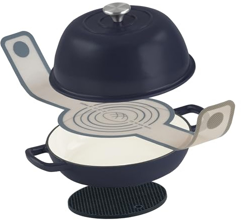 Mahlzeit Juego de cacerola de hierro fundido esmaltado, 6,4 litros, color azul baya, molde para pan con soga y platillo, juego de pan, olla de hierro fundido, molde para pan con tapa, olla esmaltada
