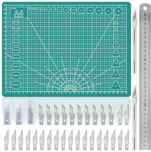 Miuzei A4 Cutting Mat Set: Self Healing Craft Mat with Steel Ruler, 30×22CM, Craft Board for DIY Projects, Sewing, Paper, Scrapbooking and Model Making (Green)