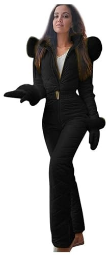 Traje de nieve de una pieza para mujer, impermeable, resistente al viento, trajes cálidos para exteriores, ropa larga para invierno, mamelucos aislados con cinturones y guantes, juego de tres, A-negro