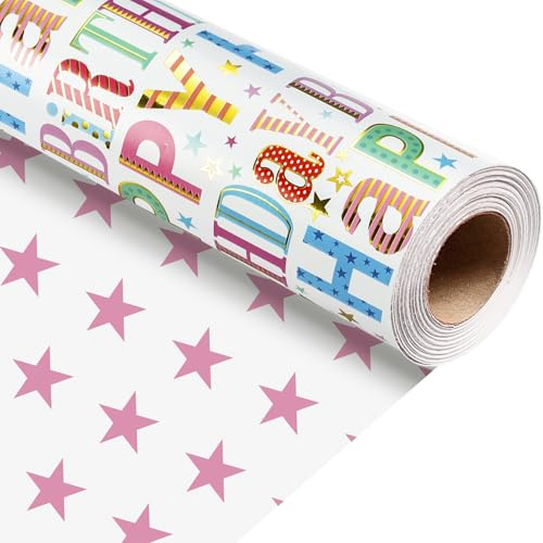 Wikadlik Birthday Wrapping Paper Roll - 43cm x 10m Colorful Happy Birthday Lettering and Star Gift Wrap Paper