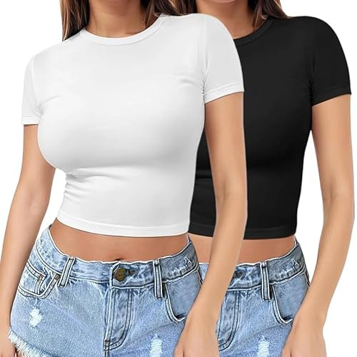2 Pack Crop Tops for Women Crew Neck Short Sleeve Summer T Shirts Basic Slim Fit Top Ladies Going Out Solid Black White Tunic Top Casual Base Layer Tee Stretchy Blouse Cute Y2K Clothes