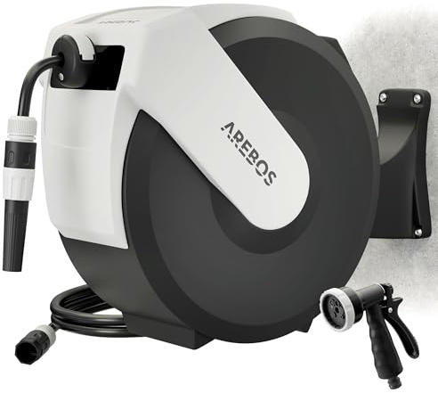 Arebos Avvolgitubo Automatico da Parete 35 m con Tubo Multistrato Rotazione 180° Sistema di Blocco 7 Modalità di Spruzzo
