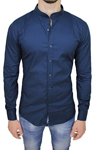 Camicia Uomo Cotone Slim Fit Blu Casual Elegante con Colletto Coreana (L)