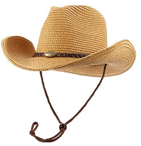 GEMVIE Cappello da Cowgirl Estivo da Donna Cappello da Cowboy in Paglia Occidentale con Corda Antivento Cappello di Paglia da Spiaggia All'aperto, Marrone