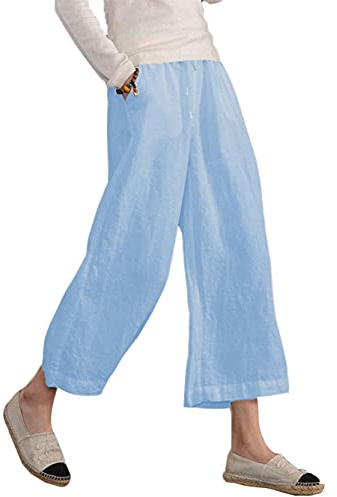 Famulily Women's Summer Wide Leg Elasticated Waist Cotton Cropped Trousers Sky Blue XXL