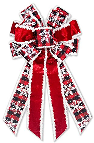 Large Christmas Bow for Wreath Red Velvet Bows Snowflake Plaid Tree Topper Bow for Front Door Christmas Holiday Indoor Outdoor Wall Decoration
