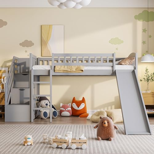 Twin Loft Bed with Slide, Wooden Low Loft Bed with Stairs and Storage for Kids Girls Boys Teens - Gray