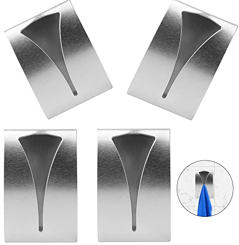 Bateya 4Pcs Self Adhesive Metal Towel Holders, Stainless Steel Hand Towel Hook Tea Towel Hook Rack for Bathroom Kitchen, Wall Mount Hook Bath Towel Hook Metal Towel Hanger No Drilling Required