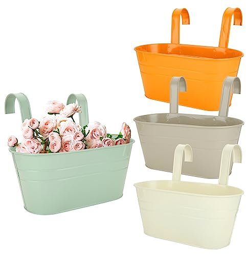 YAYODS 4Pcs Hanging Flower Pots, Colourful Fence Hanging Planters, Large Hanging Plant Pots Outdoor for Railing, with Detachable Hook, Metal Hanging Flower Pots for Fence Balcony Garden