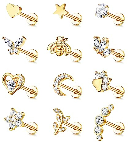 JeweBella 12 Piezas 16G Pendientes Cartílago Helix para Mujer Hombre Acero Quirúrgico Rosca Interna Circonita Luna Corazón Estrella Hoja Piercing Labret Nariz Helix Tragus Plata/Oro