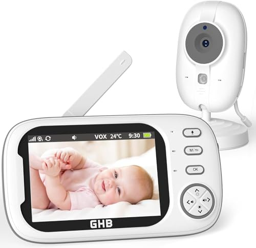 GHB Baby Monitor with Camera and Night Vision, Video Monitor, VOX Mode, 2-Way Talk, 8 Lullabies, Temperature Alert, Feeding Reminder, Matt White