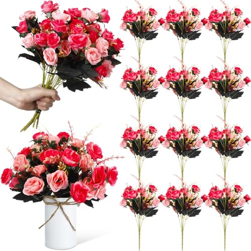 Hotop 12 Sträuße künstliche Rosensträuße 144 Köpfe Seide Künstliche Rosen Blumensträuße Künstlich für Dekoration Realistisches Bouquet Arrangement Boho Faux Rose Blumen für Hochzeit (Rose Red)