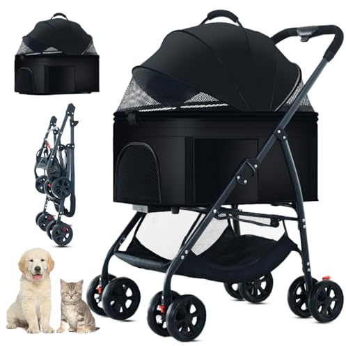 ZHUOKECE 3-in-1 Pet Dog Stroller, Dog Wagon with Removable Carrier, Cat Stroller for Medium Dogs Up to 55lbs (Black)