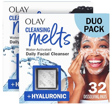 Olay Face Wash, Hyaluronic Acid Cleansing Melts, Fragrance-Free, Daily Use Gentle Cleanser, For All Skin Types, Travel Size, Water-Activated to Clean, Tone, and Refresh, 64ct (2 Pack x 32ct)